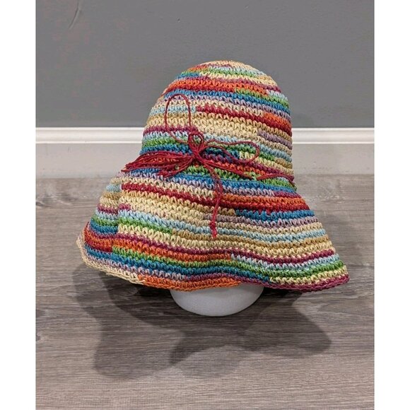 JHats Rainbow Straw Crocheted Floppy Hat One Size Beach Tie Summer Outdoors - Picture 1 of 15